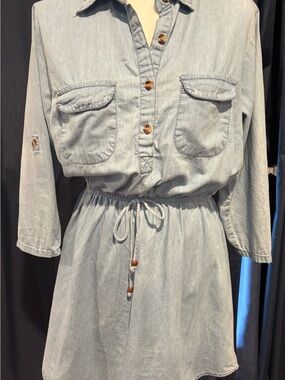 100% Cotton Light Blue Chambray Mini Dress with Drawstring Waist